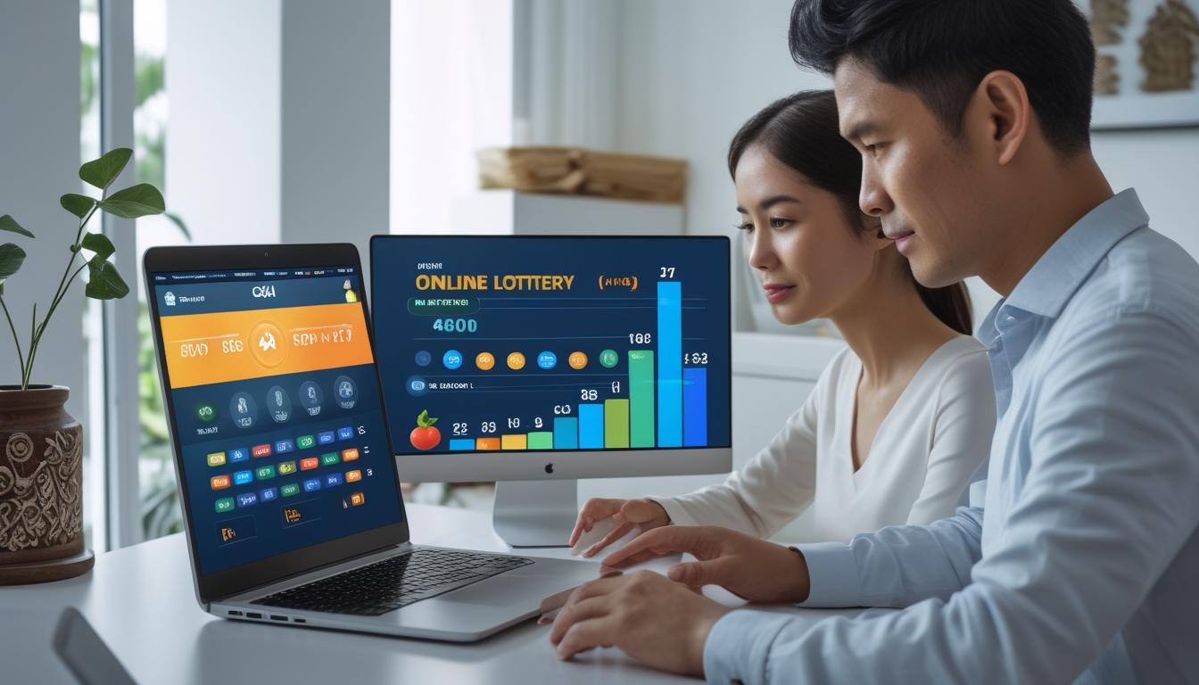 Dua orang dewasa menggunakan laptop dan ponsel di ruang kerja modern, menampilkan antarmuka permainan togel online dengan grafik dan ikon jackpot.