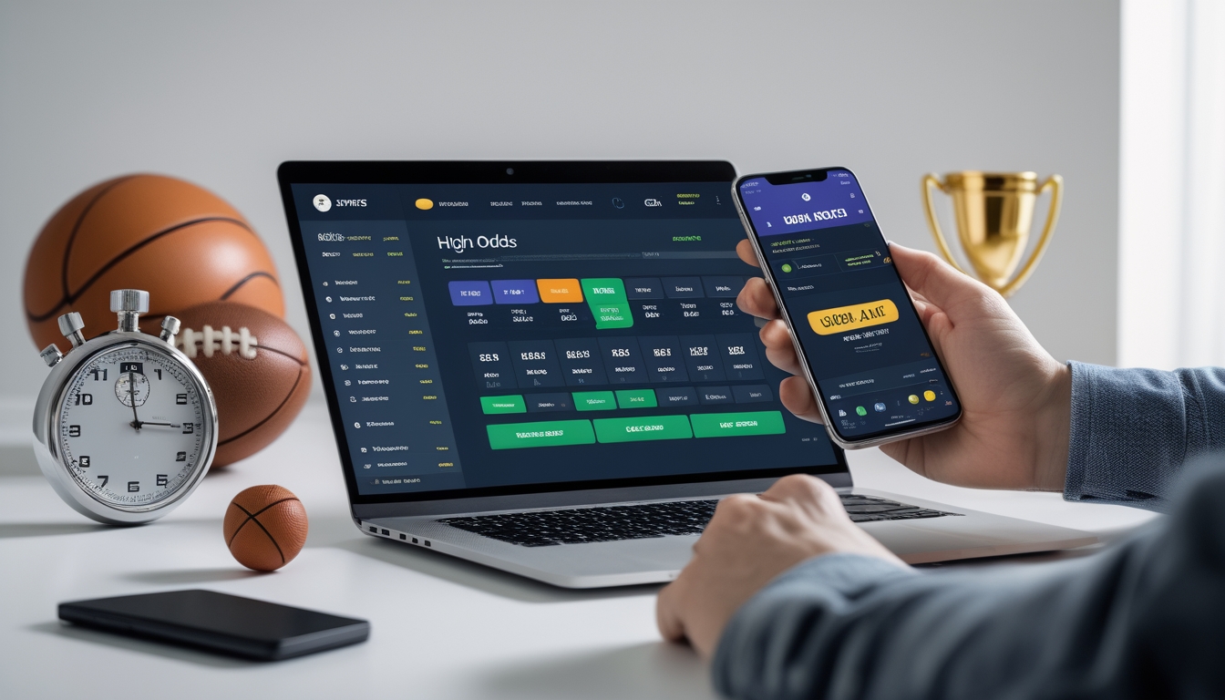 Sebuah laptop dan smartphone menampilkan platform taruhan olahraga dengan angka odds tinggi dan simbol pembayaran cepat, dikelilingi oleh ikon olahraga seperti bola dan trofi.