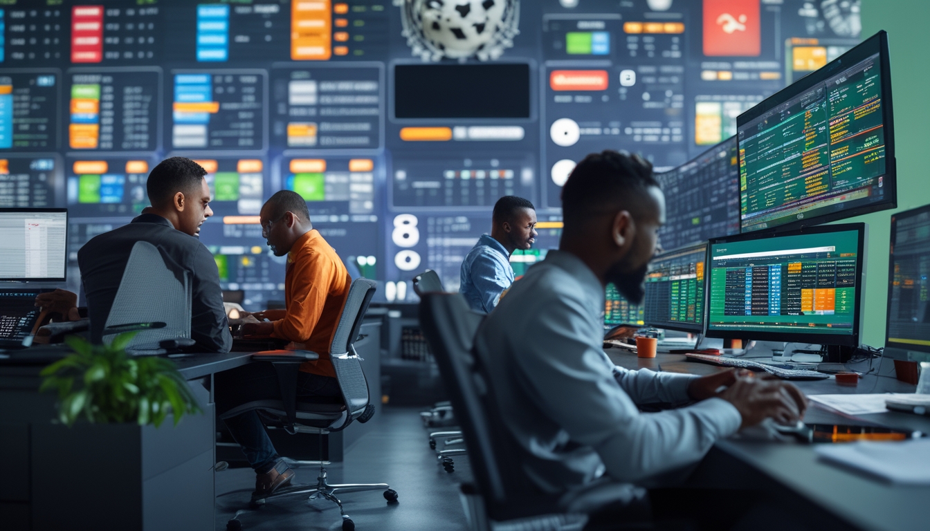 Orang-orang di kantor modern sedang menganalisis layar komputer dengan data taruhan olahraga dan peluang tinggi.