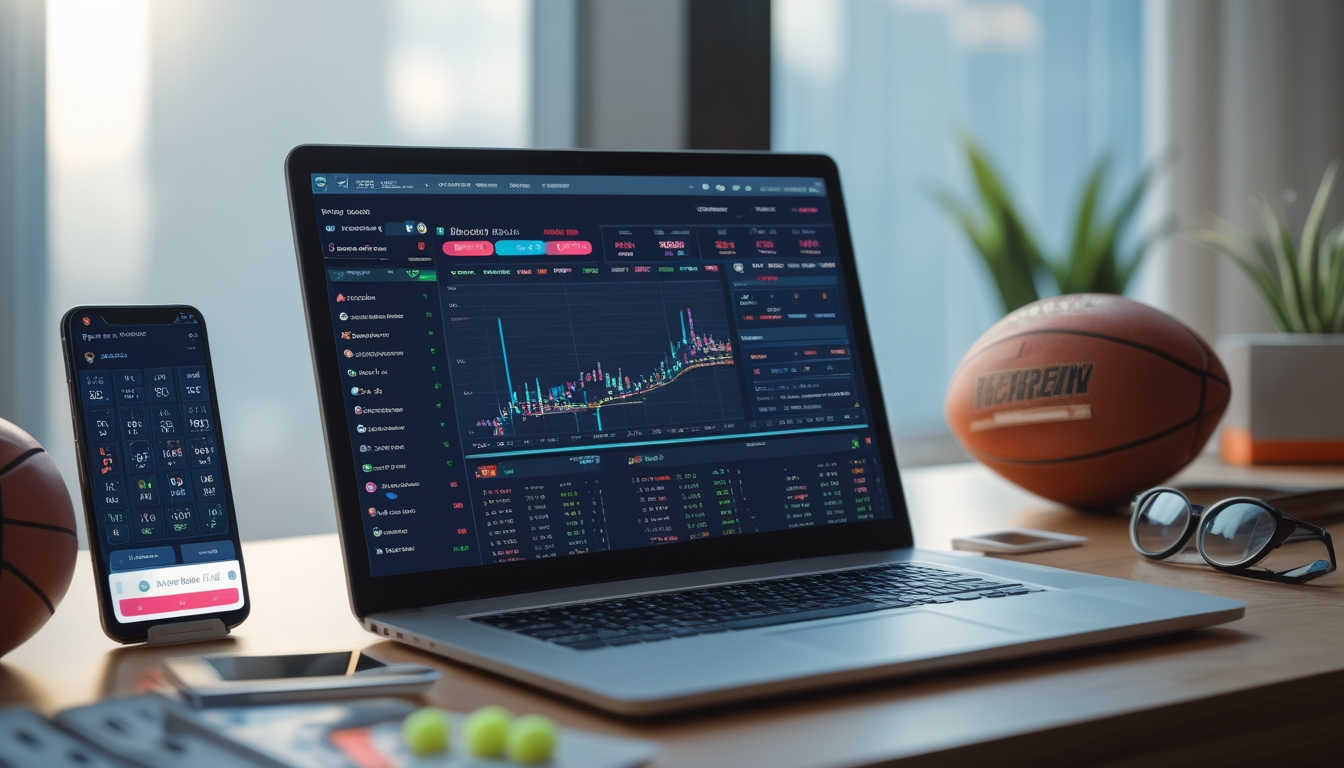 Meja kerja modern dengan laptop dan ponsel yang menampilkan data taruhan olahraga, serta bola sepak dan bola basket di atas meja.
