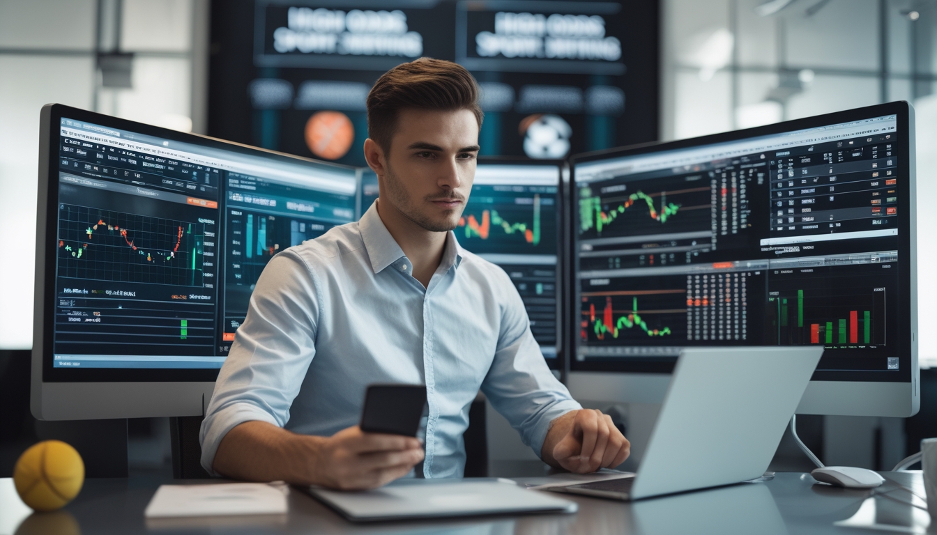 Seorang pria muda duduk di meja dengan beberapa layar komputer menampilkan data taruhan olahraga dan grafik, tampak fokus menganalisis informasi.