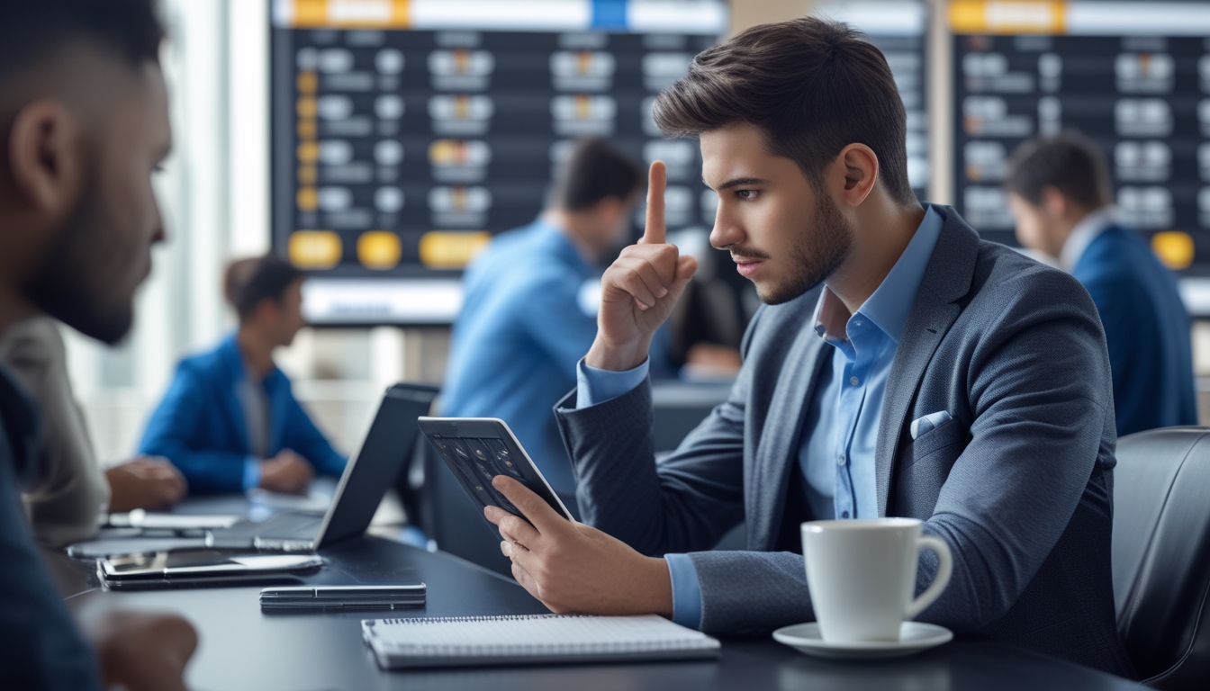 Seorang pemain taruhan olahraga yang percaya diri sedang menganalisis peluang tinggi menggunakan tablet di ruangan modern dengan layar yang menampilkan berbagai acara olahraga dan grafik peluang.