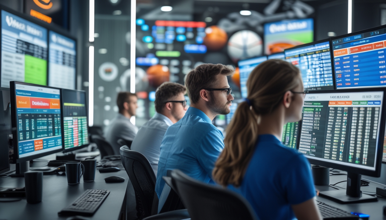 Seorang petaruh olahraga yang percaya diri sedang menganalisis odds tinggi di beberapa layar digital dalam ruangan kantor modern.