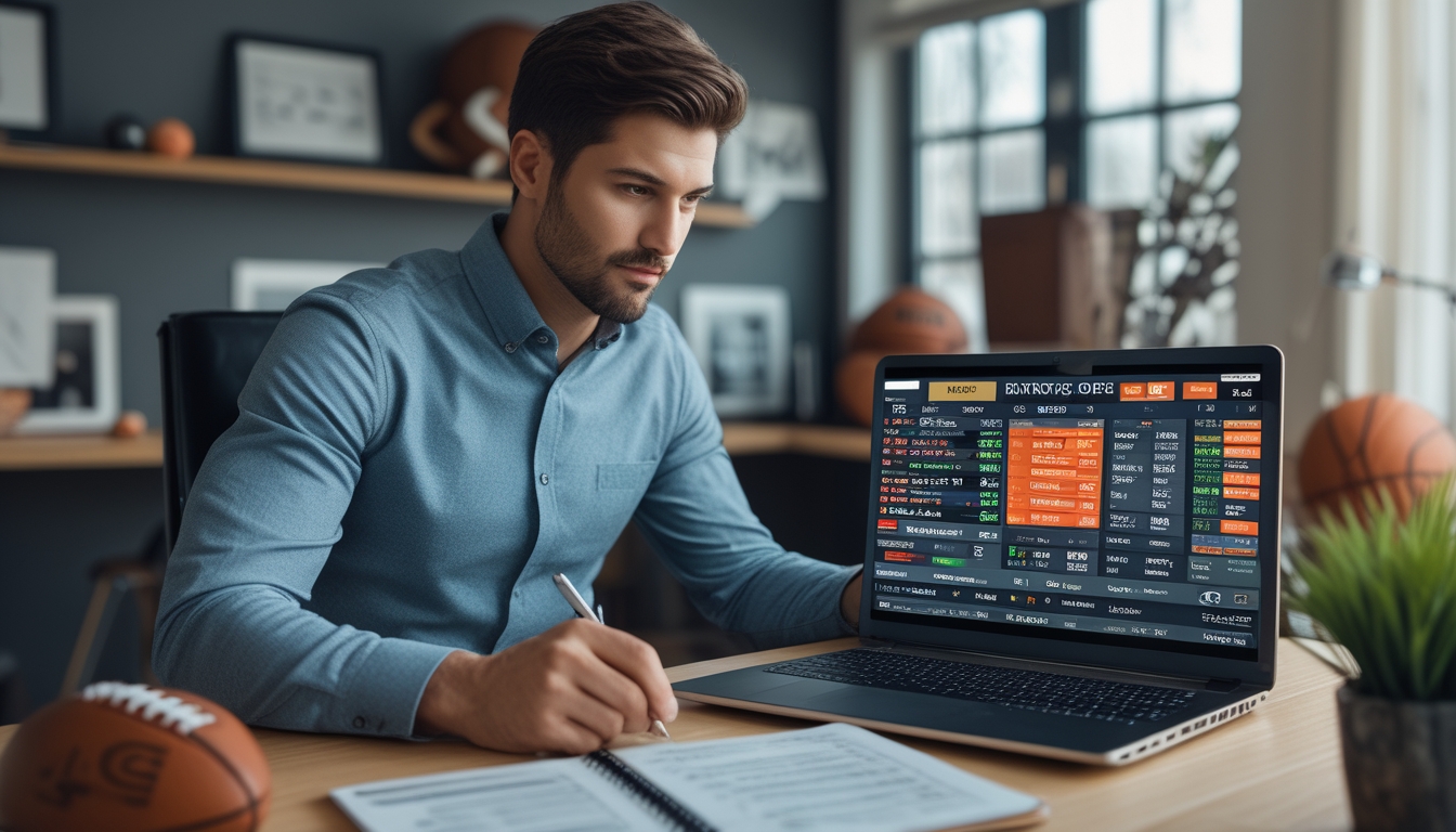 Seorang pria duduk di meja dengan laptop dan catatan, fokus pada strategi taruhan olahraga di ruang kerja modern.