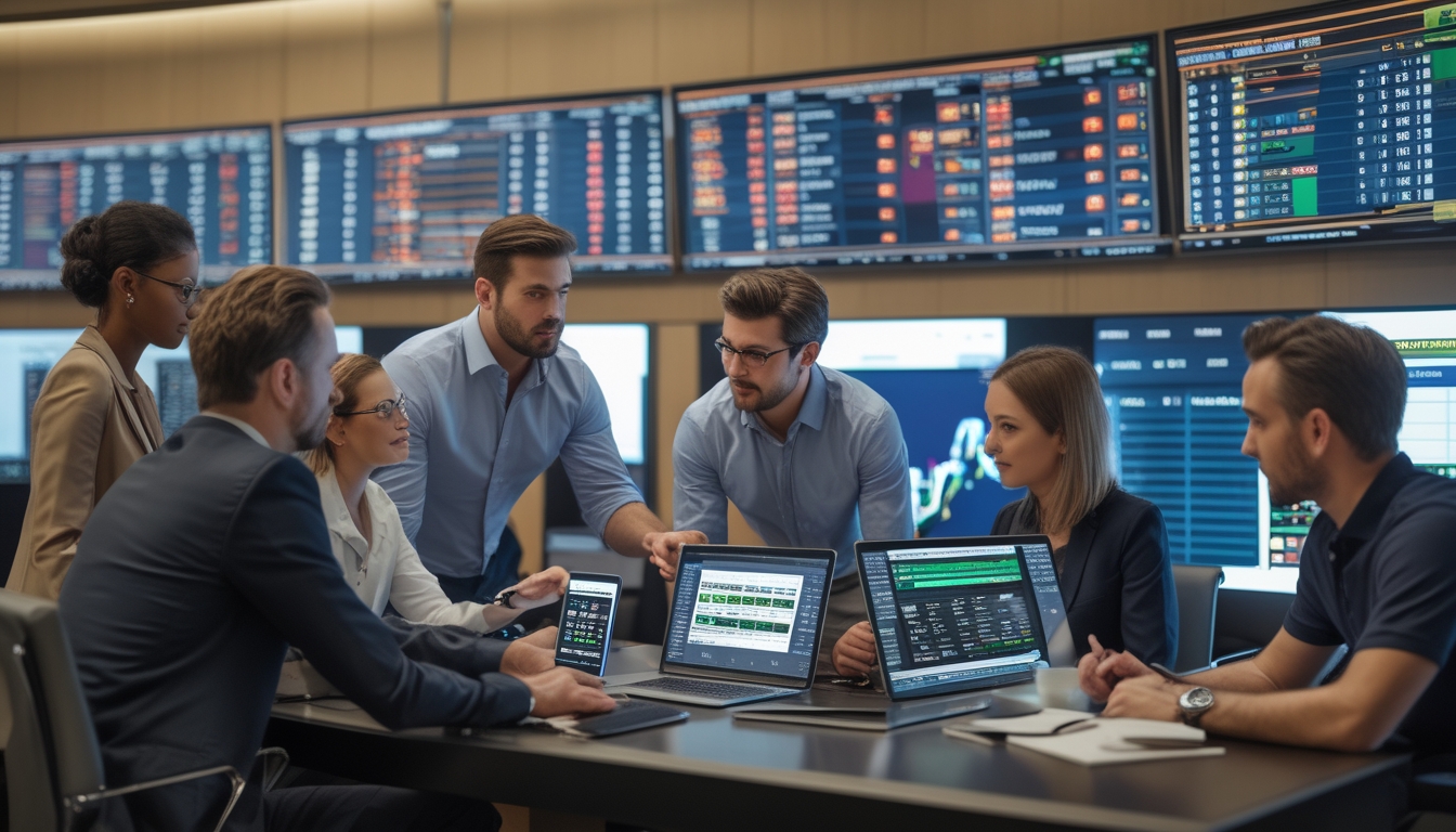 Beberapa orang sedang fokus melihat layar digital besar yang menampilkan data dan grafik taruhan olahraga di ruangan modern.