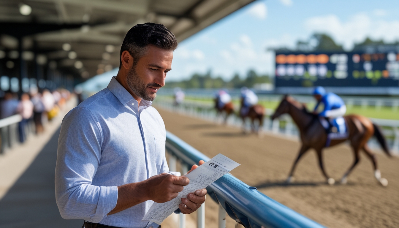 Seorang pria berdiri di samping seekor kuda pacu di lintasan balap, sambil memegang formulir balap dan pena, terlihat fokus dan berpikir.