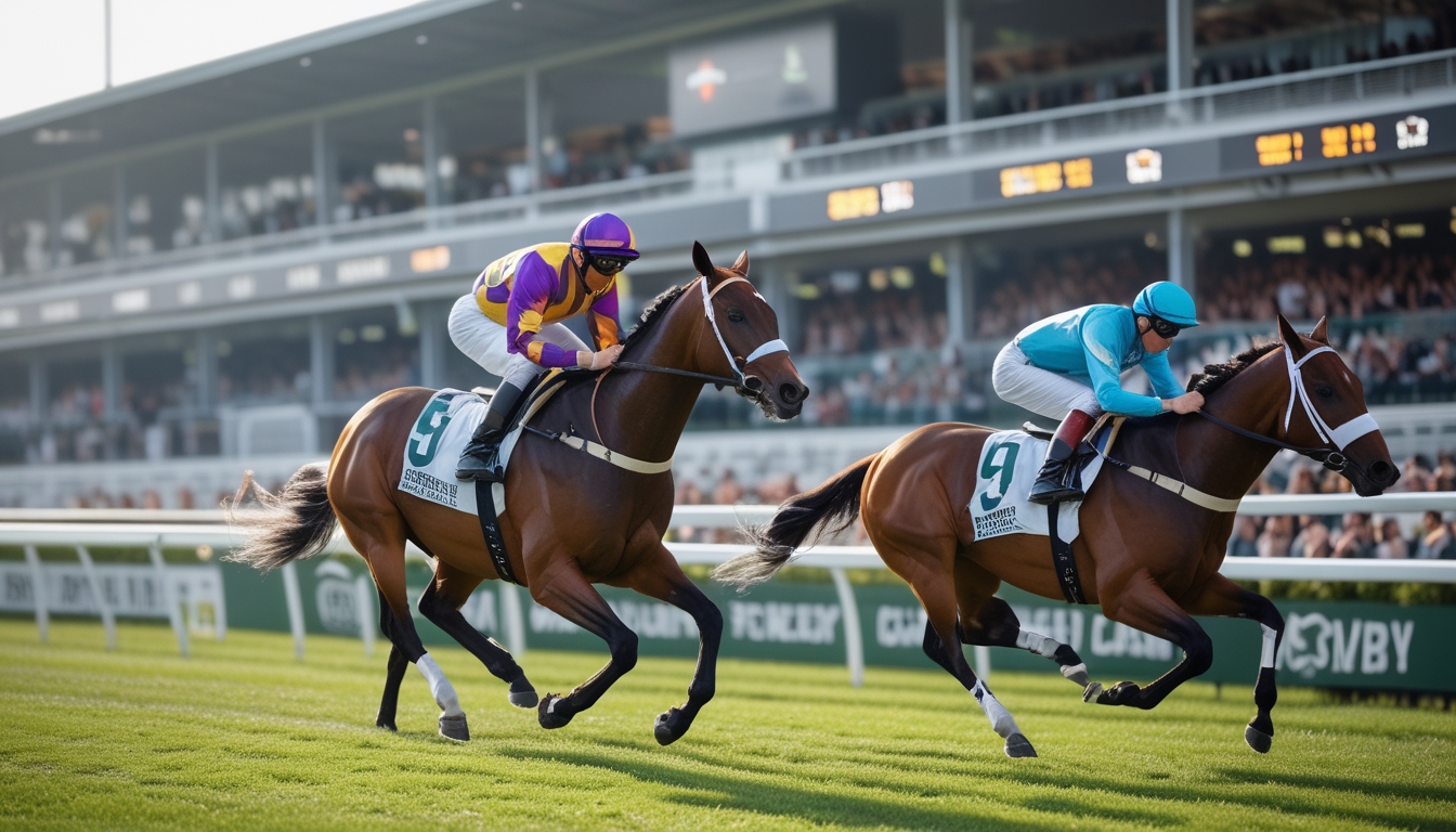 Seekor kuda pacuan dan joki sedang berlomba di lintasan hijau dengan tribun penonton dan papan taruhan digital di latar belakang.