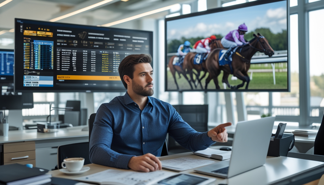 Seorang pria sedang menganalisis strategi balap kuda di depan beberapa layar komputer di sebuah kantor yang terang dan rapi.