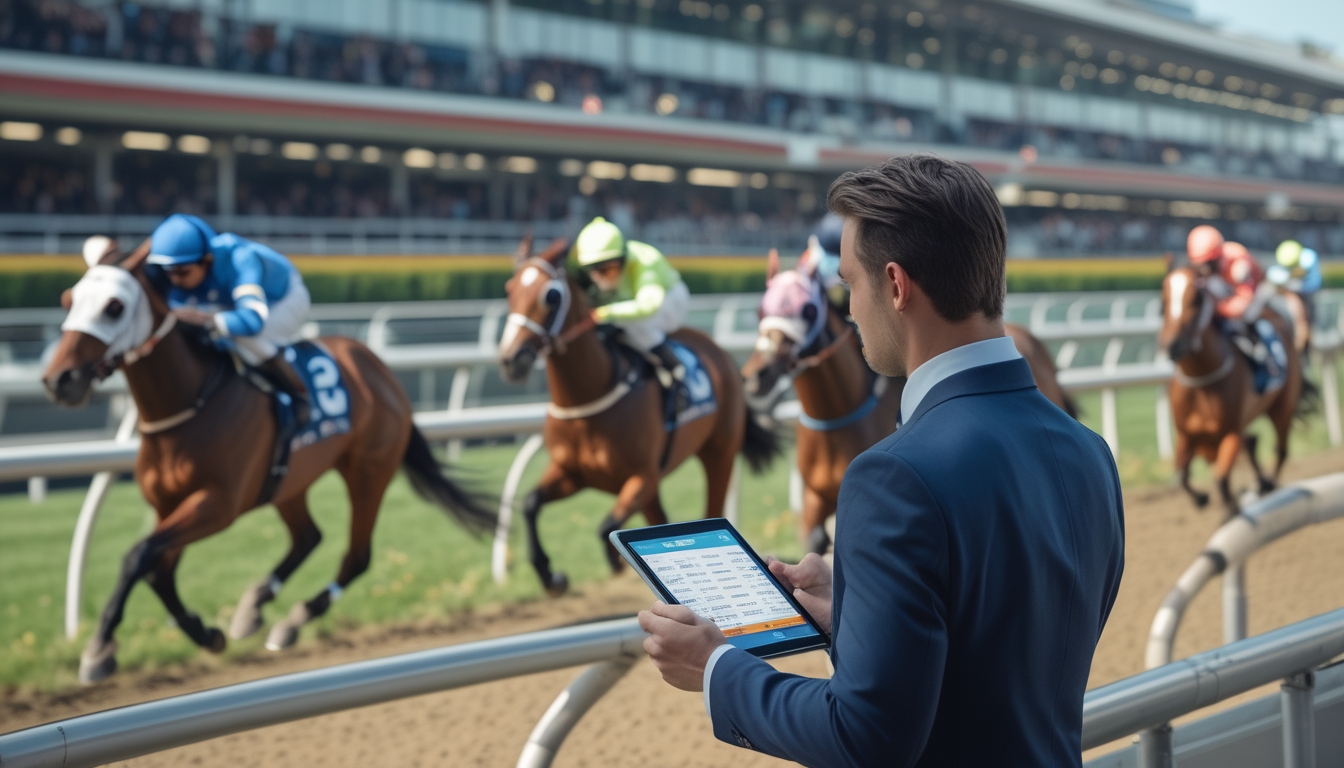 Seorang petaruh berpakaian rapi sedang melihat tablet di dekat arena pacuan kuda dengan beberapa kuda dan joki berlomba di latar belakang.