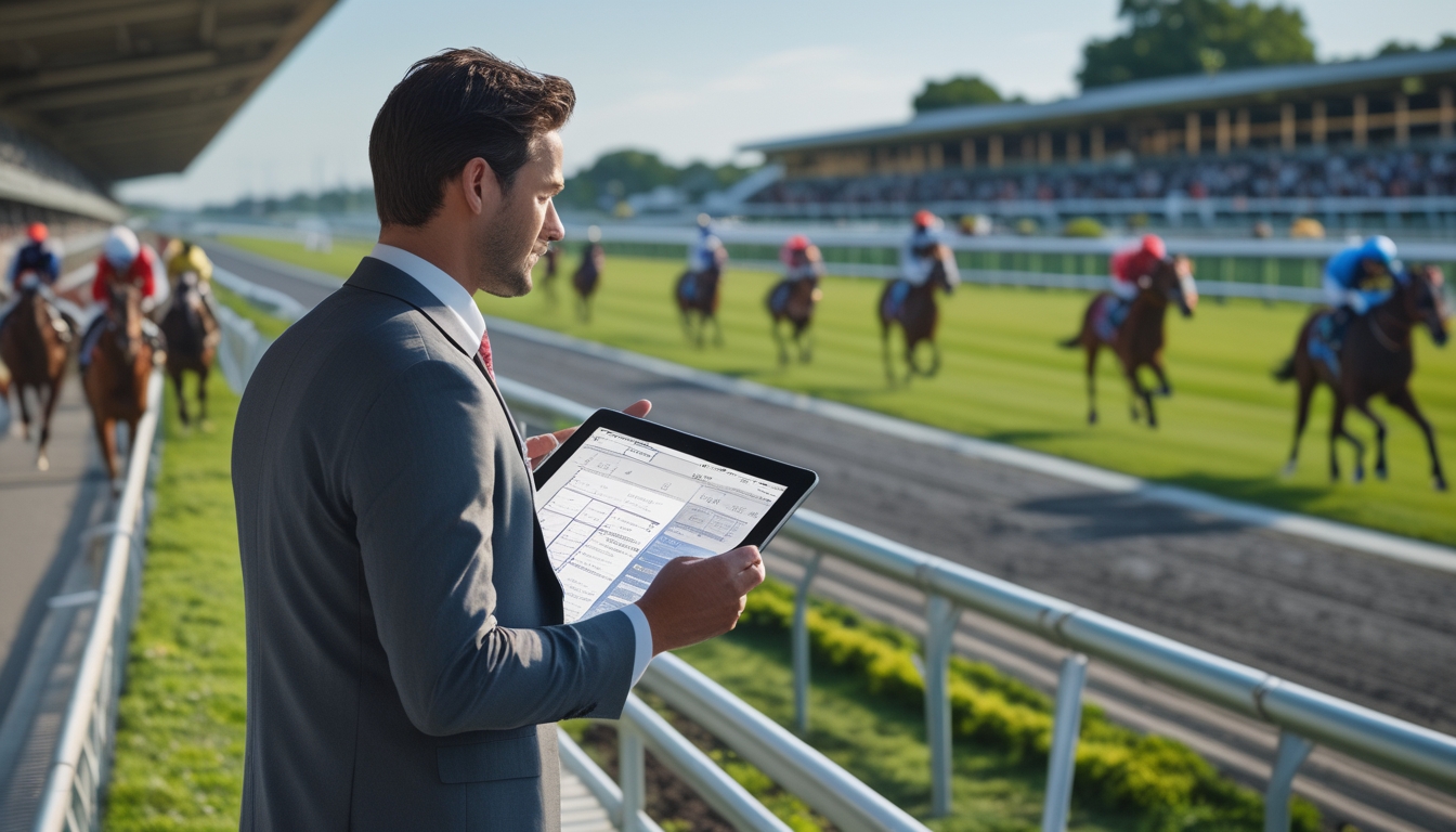 Seorang petaruh yang percaya diri sedang menganalisis data balap kuda di dekat lintasan dengan kuda dan joki yang berlomba di latar belakang.