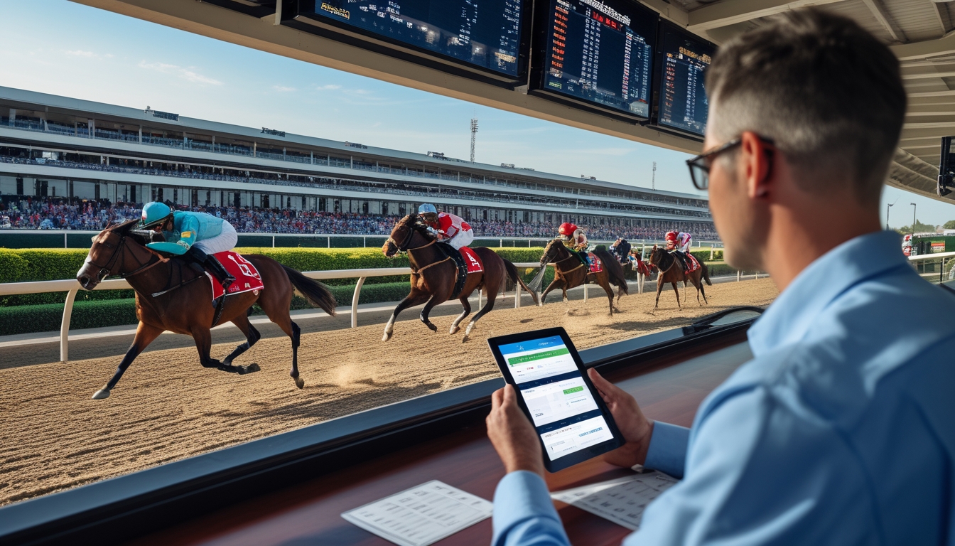 Seorang petaruh serius mengamati balapan kuda yang sedang berlangsung dengan beberapa kuda dan joki berlomba di lintasan, latar belakang tribun penonton dan layar digital menampilkan statistik balapan.