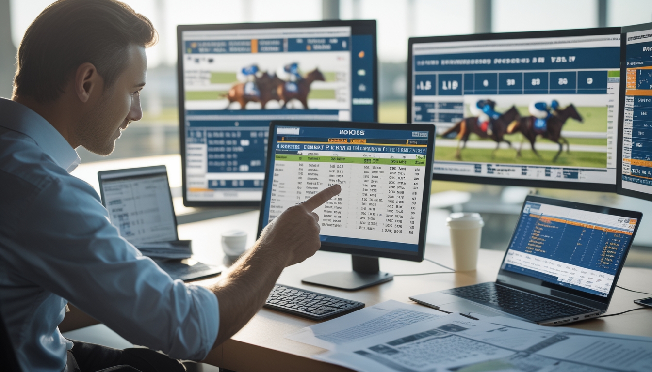 Seorang analis balap kuda sedang memeriksa data dan formulir balap di depan beberapa layar komputer dengan latar belakang arena balap kuda.