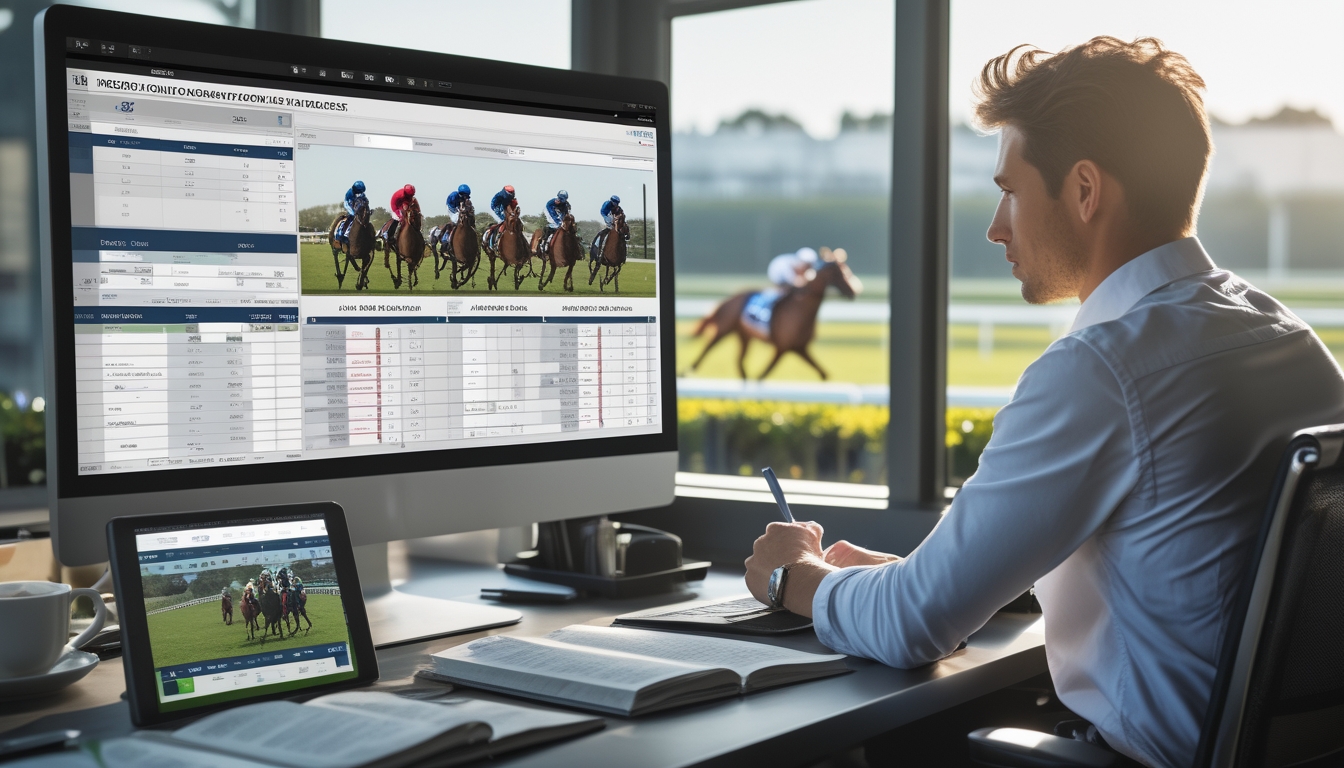 Seseorang sedang menganalisis data balap kuda di depan komputer dengan latar belakang lintasan balap dan kuda yang sedang berlomba.