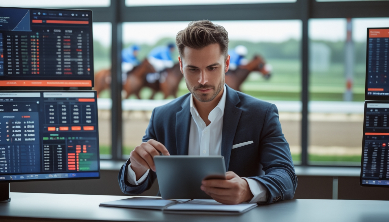 Seorang pria fokus menganalisis data balap kuda di depan layar komputer dengan latar belakang pacuan kuda yang sedang berlangsung.