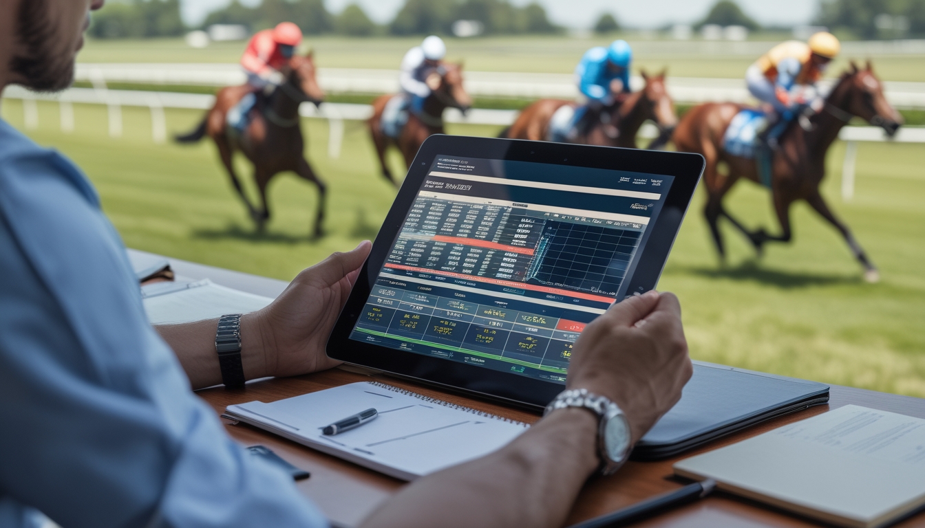 Seorang pria sedang menganalisis data balap kuda di tablet dengan latar belakang balapan kuda yang sedang berlangsung di lintasan balap.