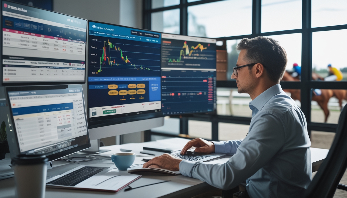 Seorang pria sedang menganalisis data balap kuda di depan layar komputer di sebuah kantor dengan latar belakang balapan kuda yang sedang berlangsung.