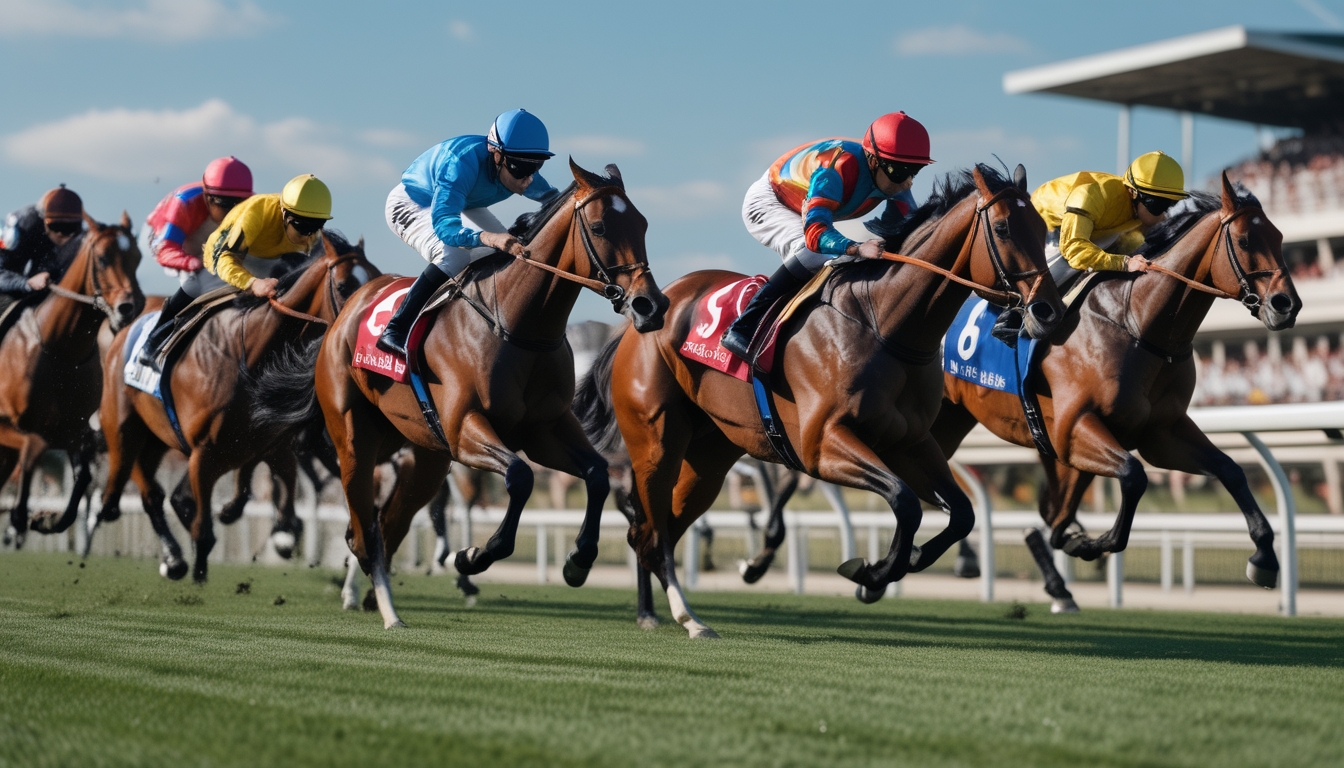Beberapa kuda pacu dengan joki berwarna-warni sedang berlari cepat di lintasan balap dengan latar belakang tribun penonton dan langit biru.