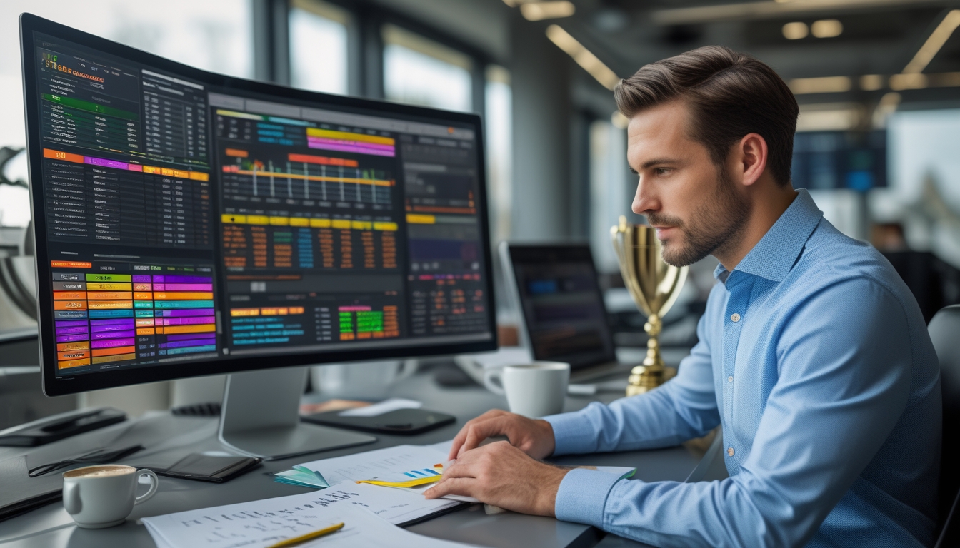 Seorang pria fokus menganalisis data dan statistik balap kuda di depan beberapa perangkat digital di ruang kerja modern.