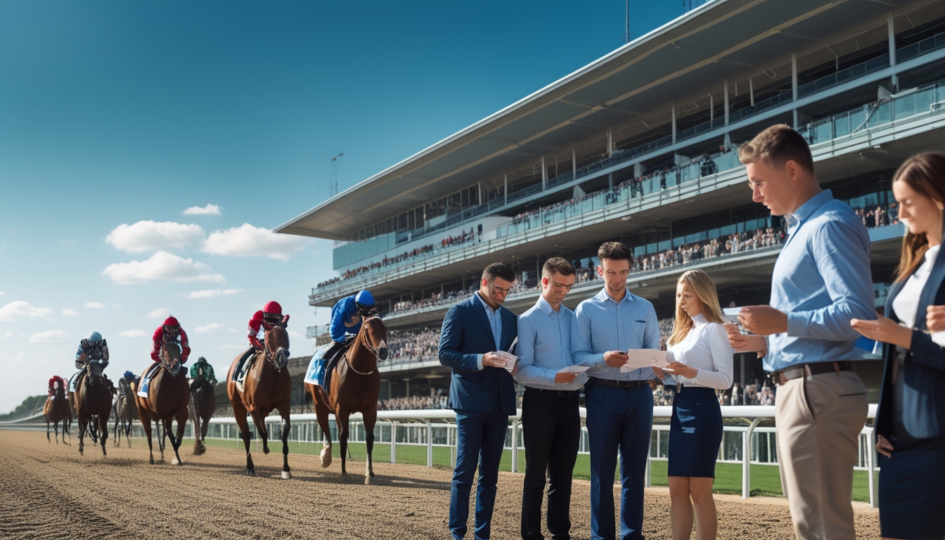 Lomba kuda di arena balap dengan joki menunggangi kuda dan sekelompok orang sedang memperhatikan peluang taruhan di layar digital dan kertas taruhan.