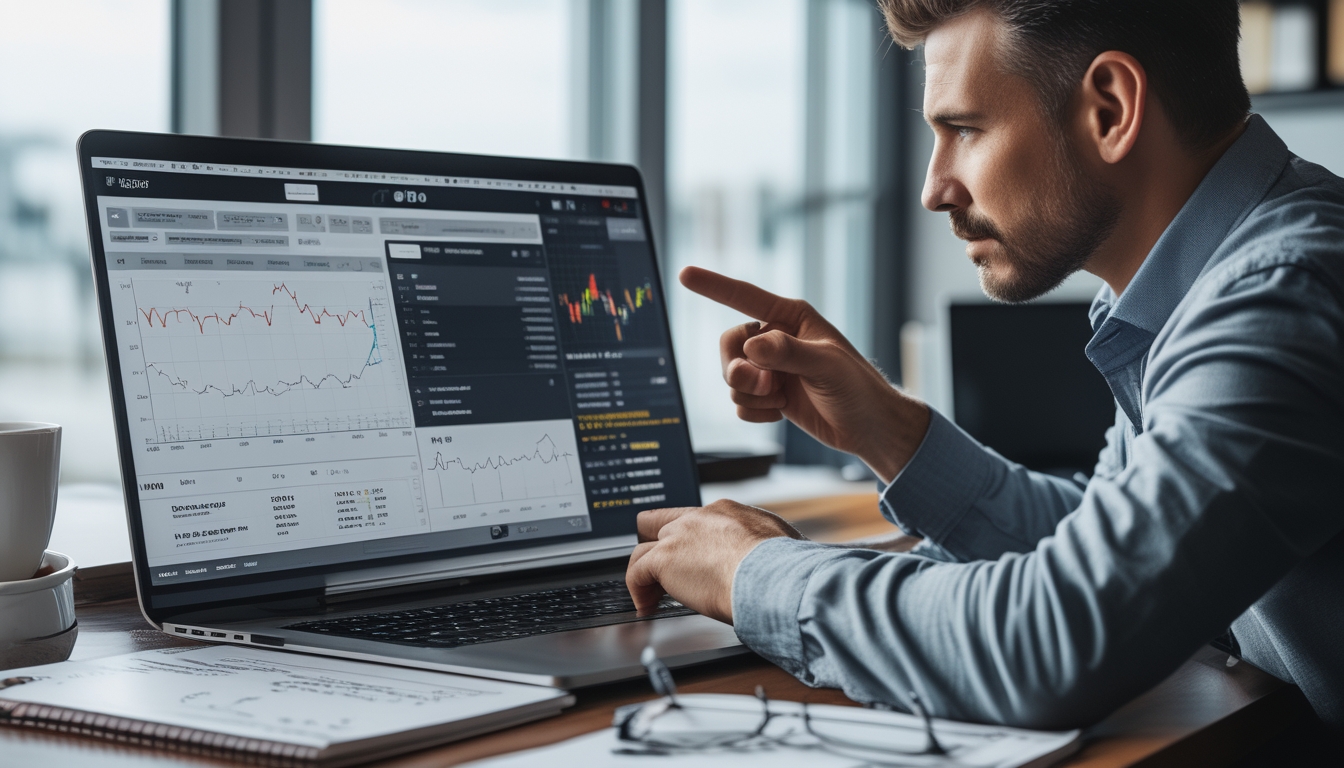 Seorang pria fokus menganalisis statistik balap kuda di depan laptop dengan catatan dan perangkat digital di meja kerja.