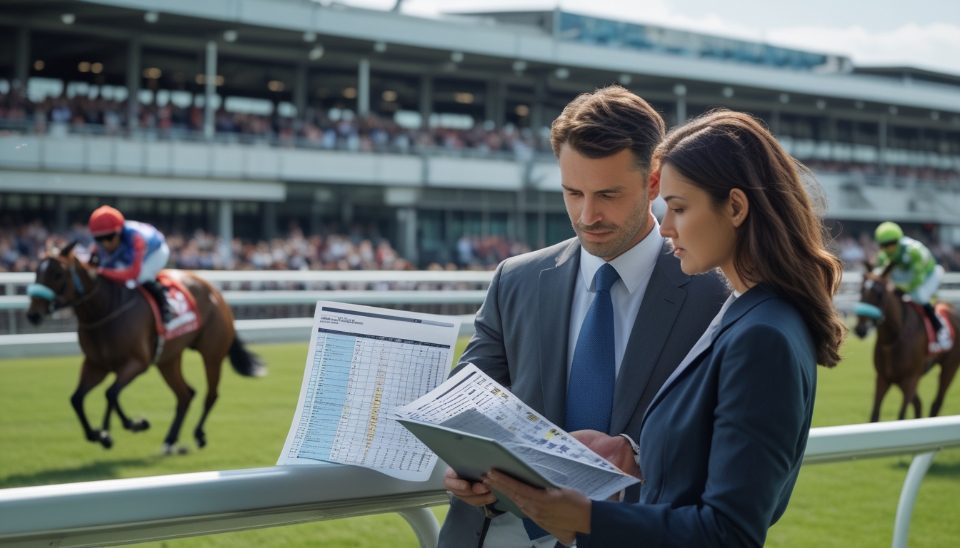 Seorang pria dan wanita sedang mempelajari data dan grafik di dekat lintasan balap kuda dengan beberapa kuda dan joki yang sedang berlari di latar belakang.