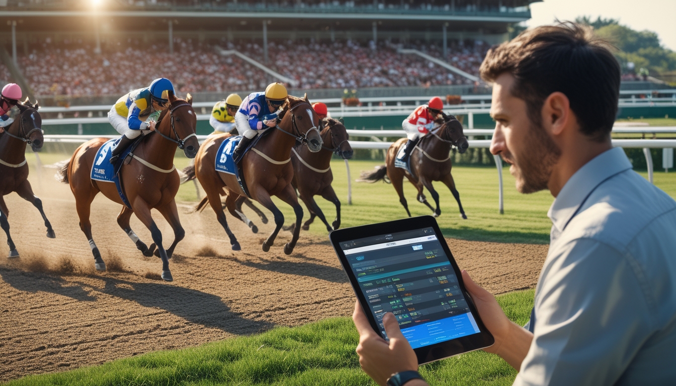 Seorang pria sedang menganalisis data balap kuda dengan latar belakang kuda pacu yang sedang berlari di lintasan dan penonton di tribun.