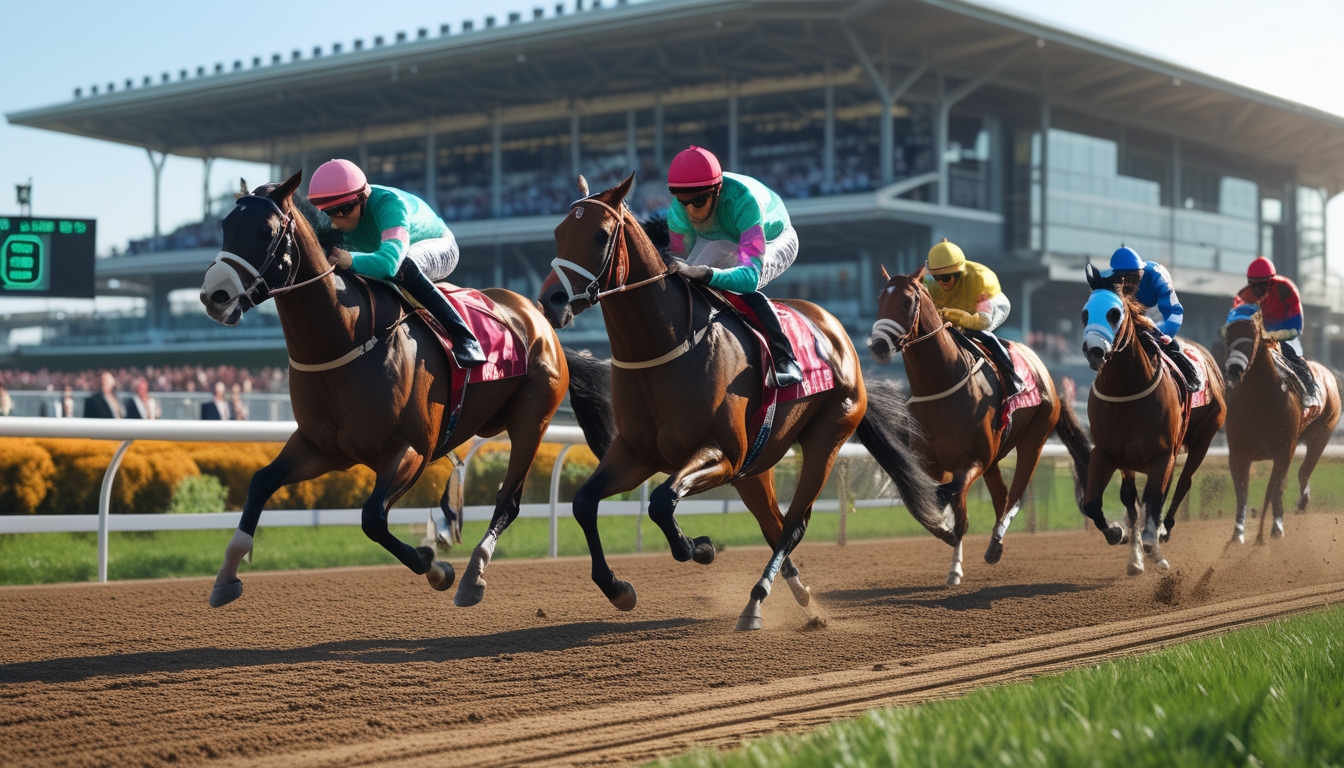 Beberapa kuda pacuan dengan joki berwarna-warni sedang berlari kencang di lintasan balap dengan tribun penonton penuh di latar belakang.