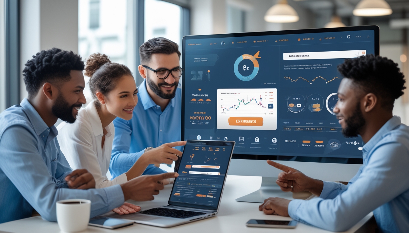 Sekelompok orang sedang berdiskusi dan menganalisis data taruhan olahraga di kantor modern dengan beberapa layar digital.