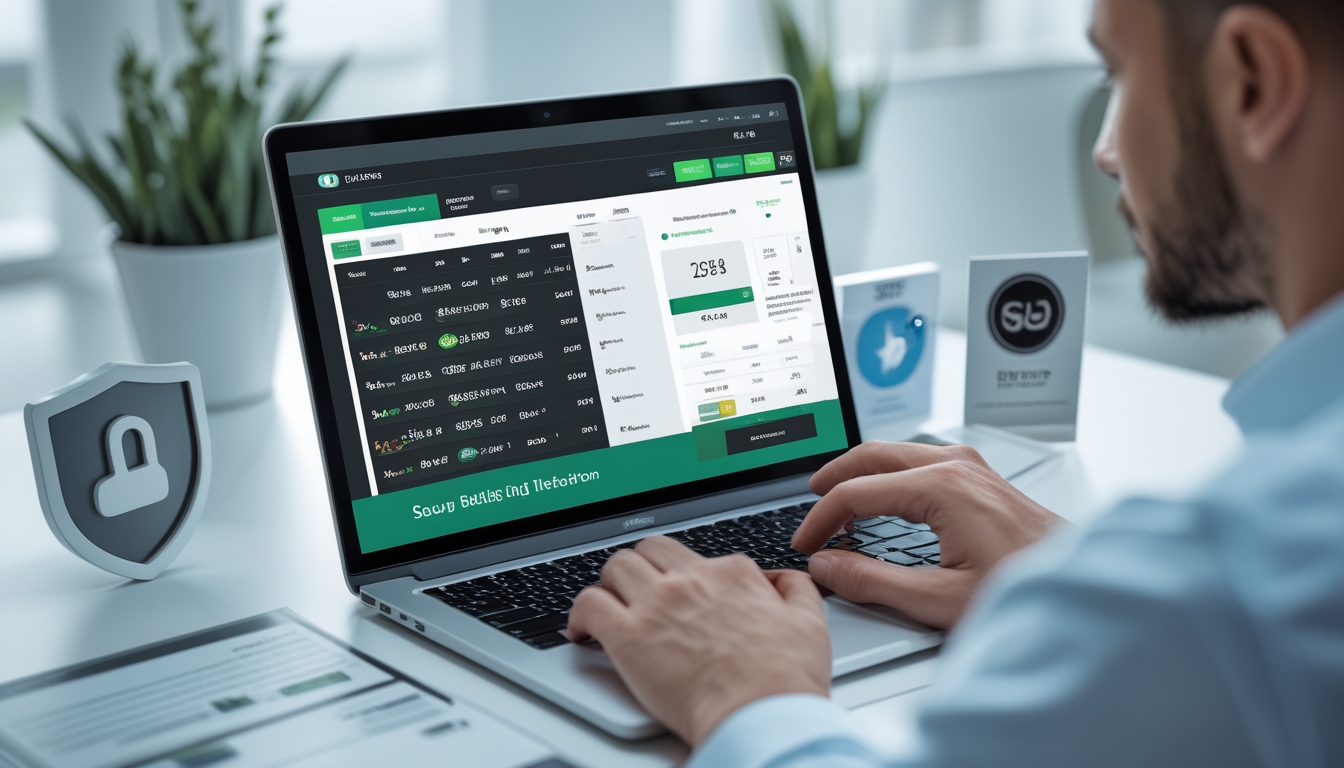 Seorang pria duduk di depan laptop yang menampilkan platform taruhan olahraga resmi dengan berbagai pasar taruhan dan statistik.