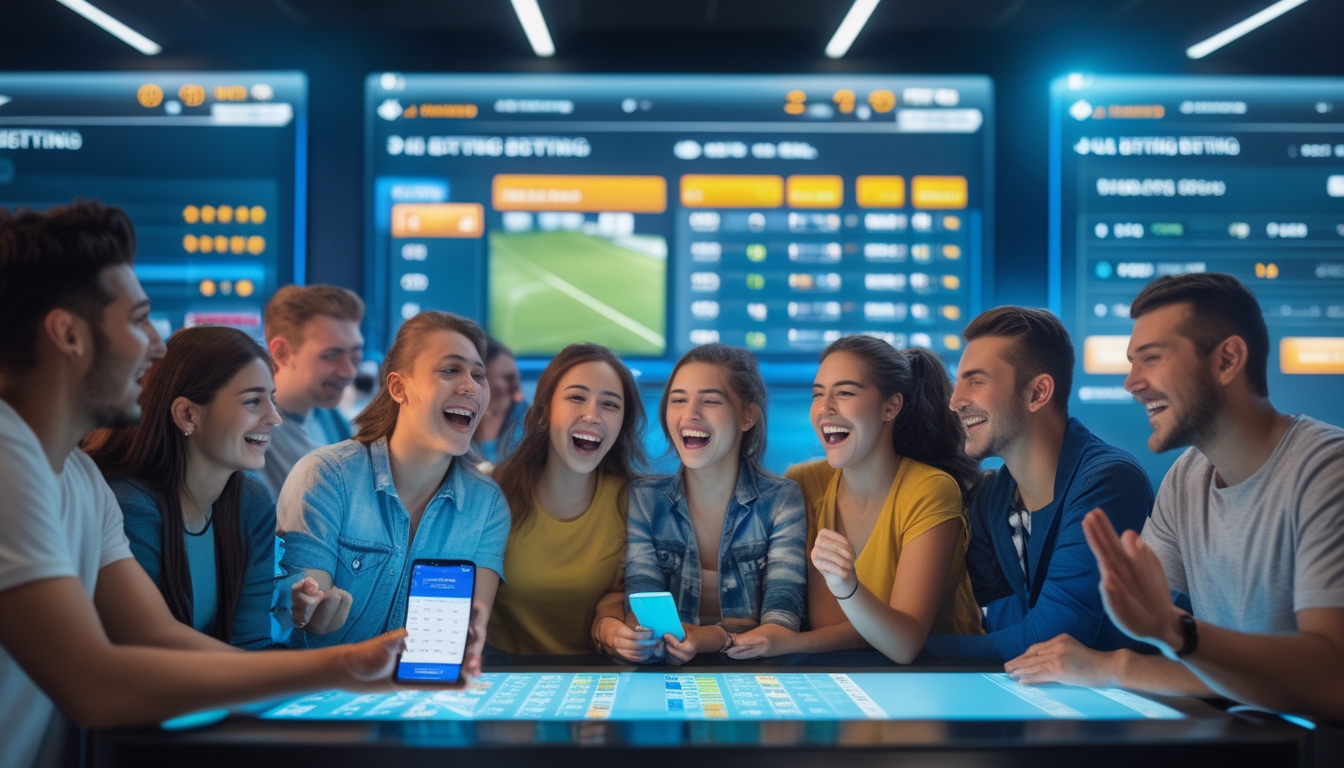 Sekelompok orang muda yang antusias melihat layar digital olahraga dan menggunakan aplikasi taruhan di ponsel mereka dalam suasana yang ceria.