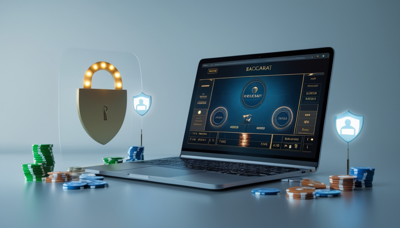 Seorang pengguna sedang bermain baccarat online di komputer dengan simbol keamanan dan pembayaran cepat di sekitar perangkat.