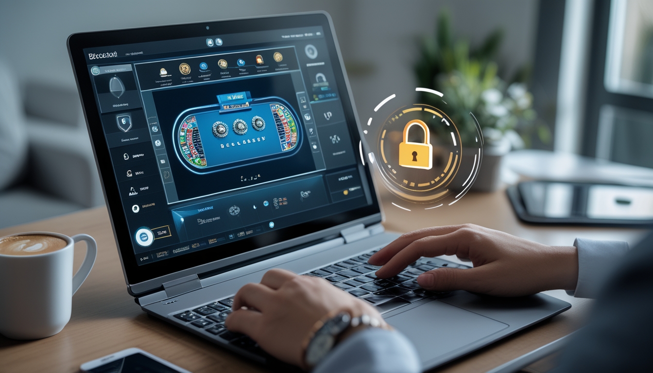 Suasana permainan baccarat online yang aman dan cepat dengan komputer menampilkan antarmuka permainan, ikon keamanan, dan alat pembayaran digital di meja kerja.