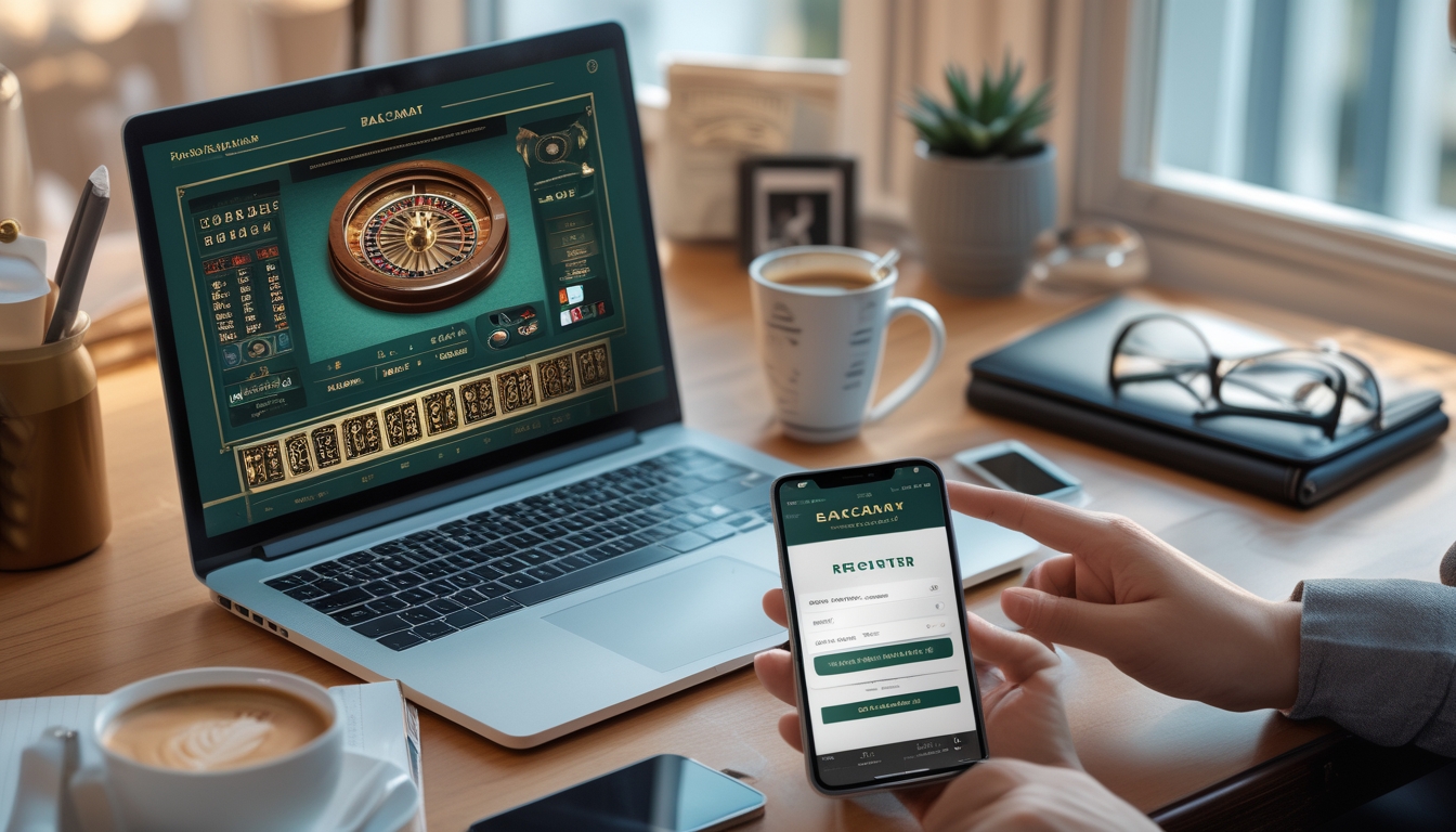 Seseorang sedang menggunakan laptop dan ponsel untuk mendaftar dan bermain baccarat online di ruang kerja yang rapi.