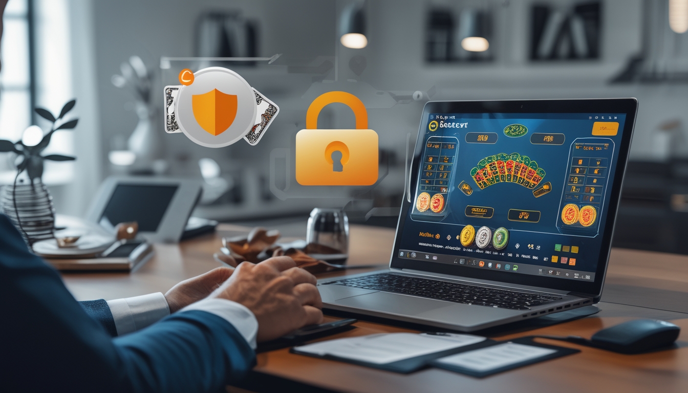 Seseorang menggunakan komputer dengan tampilan permainan baccarat online di layar dalam suasana ruang kerja yang rapi dan terang.