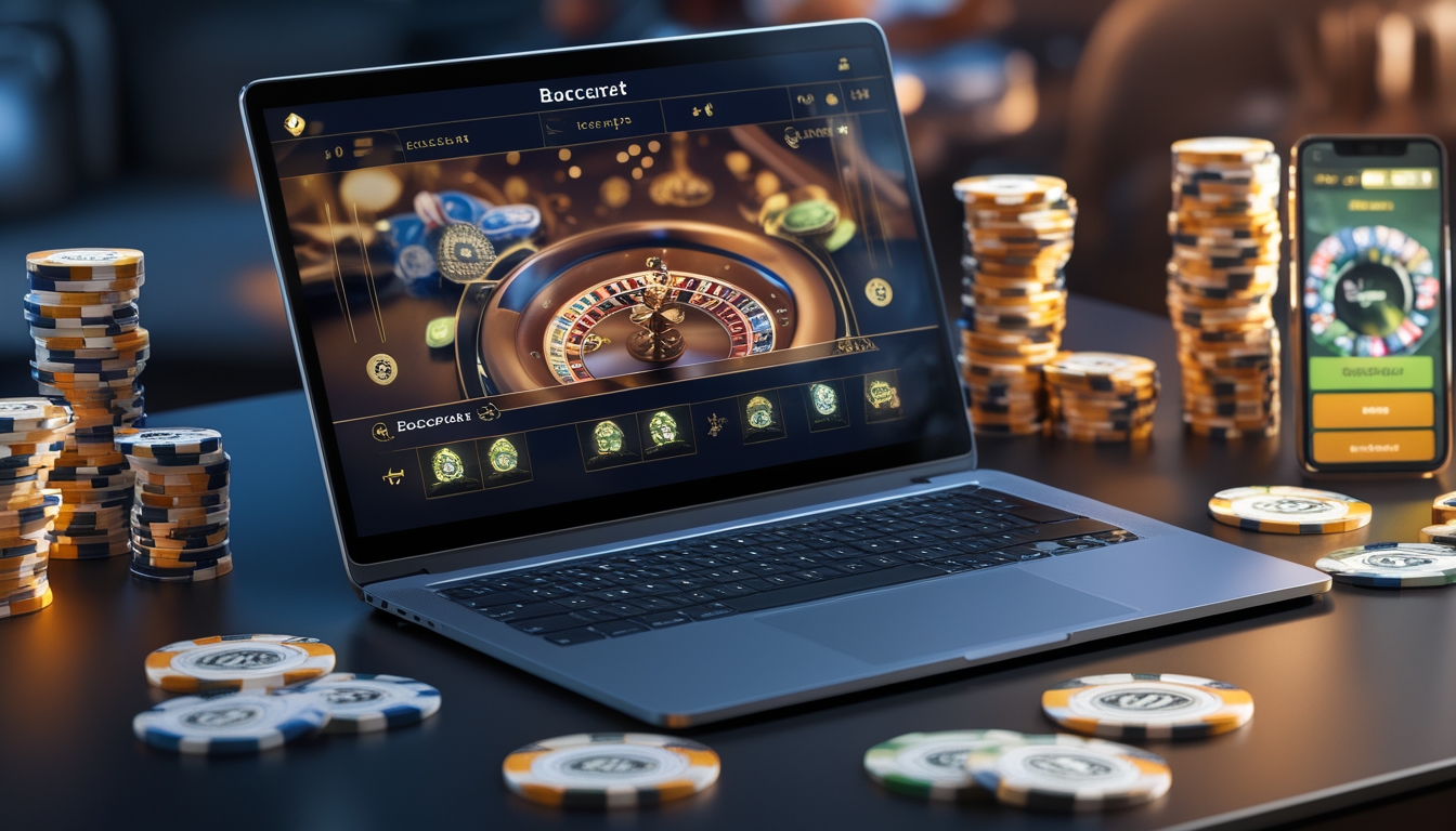 Sebuah laptop dan smartphone menampilkan permainan baccarat online dengan kartu dan chip kasino di atas meja, menciptakan suasana permainan yang profesional dan menarik.