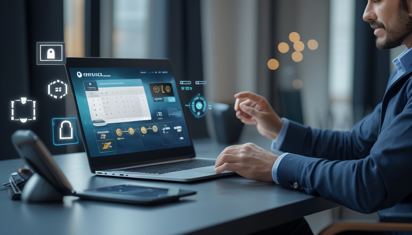 Seorang pemain fokus menggunakan laptop dengan tampilan permainan baccarat online, di meja kerja yang rapi dengan elemen keamanan digital di latar belakang.