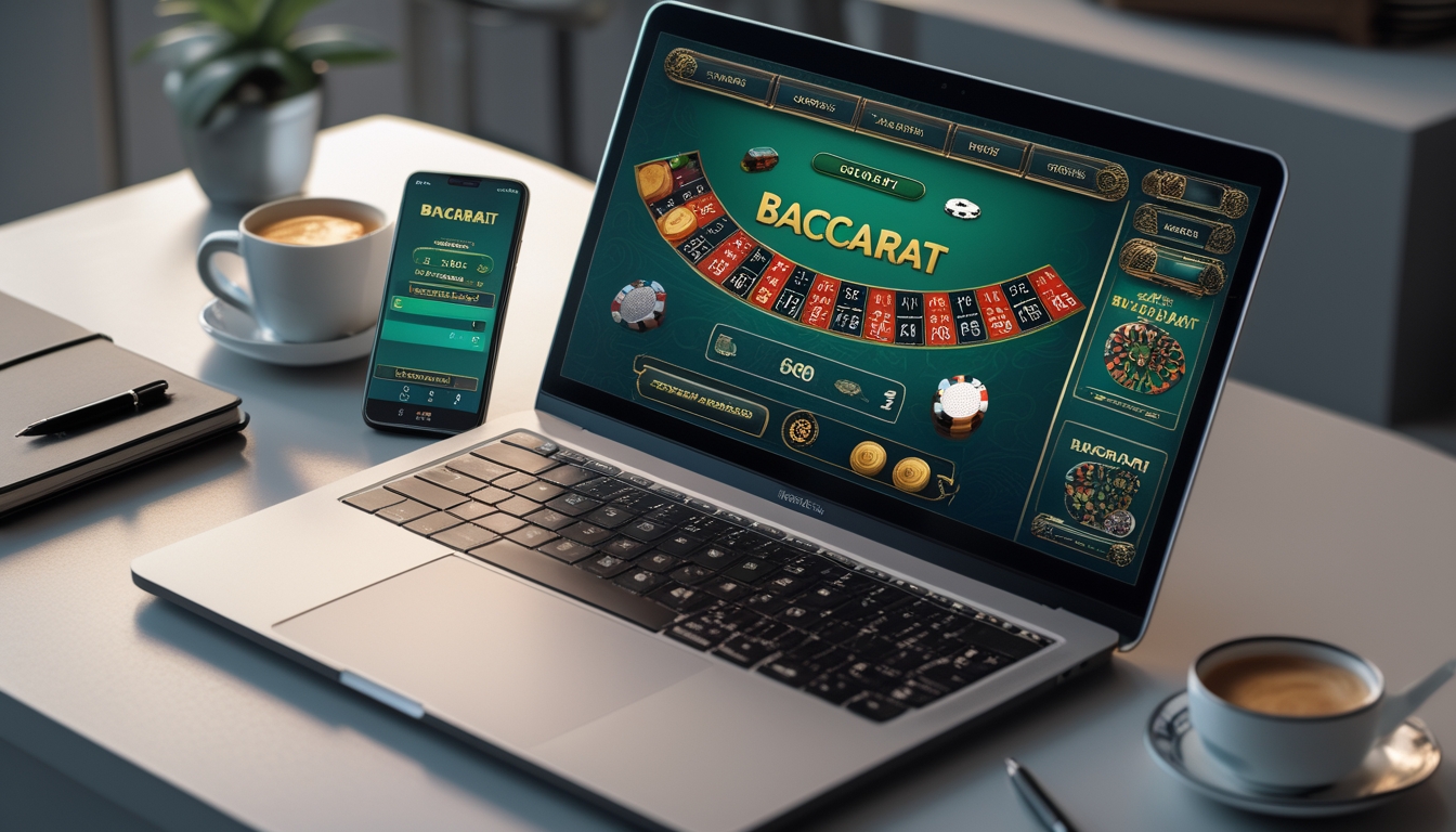 Meja kerja modern dengan laptop dan ponsel yang menampilkan permainan baccarat online, disertai alat tulis dan secangkir kopi.