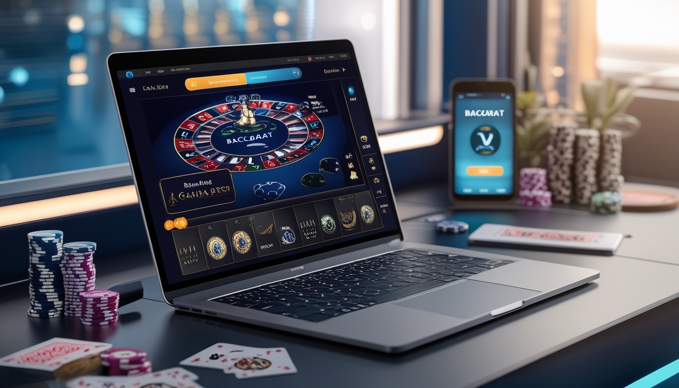 Sebuah meja kerja dengan komputer yang menampilkan permainan baccarat online, dikelilingi oleh chip poker dan kartu remi, menggambarkan suasana permainan baccarat online resmi.