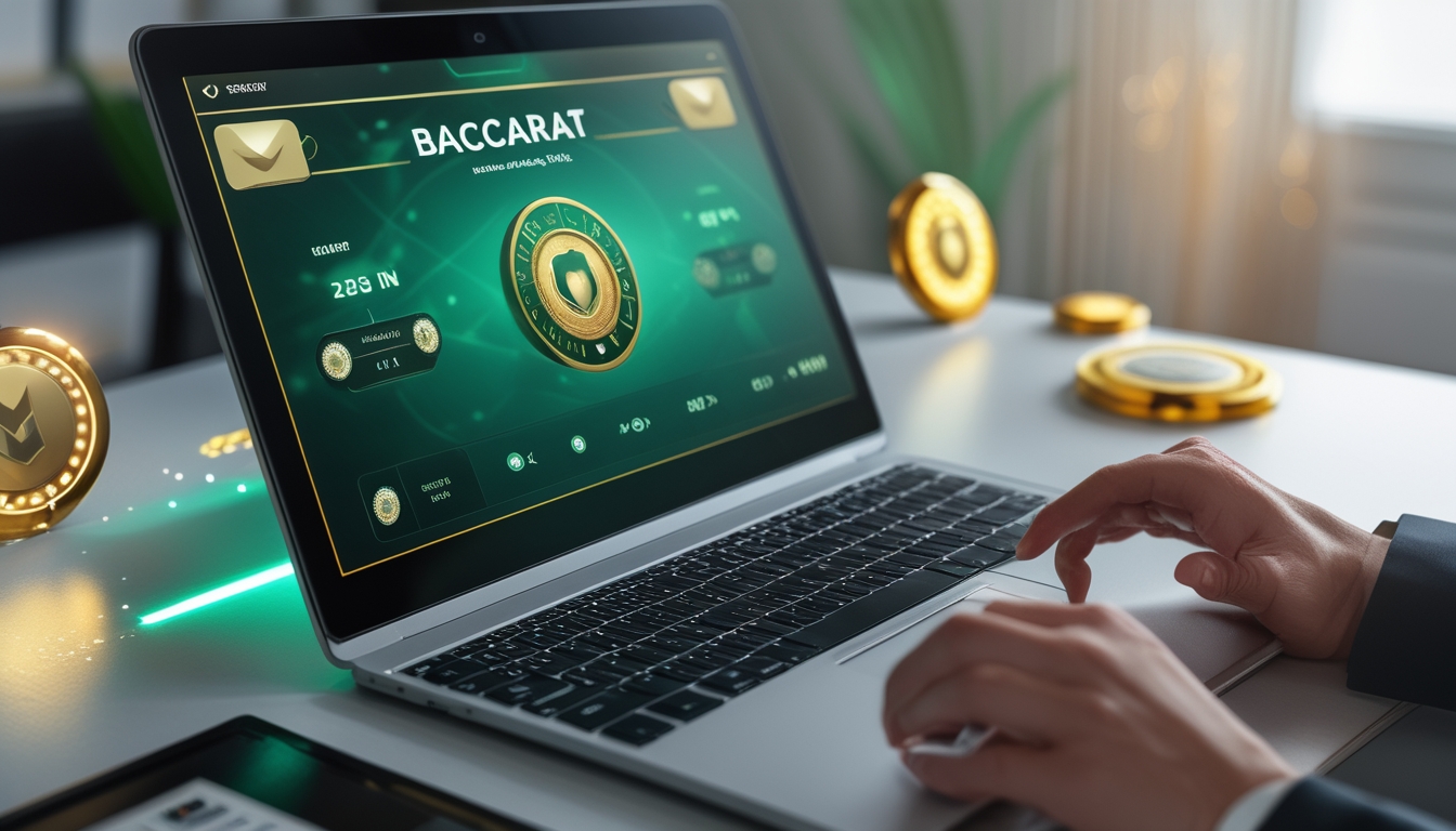 Seorang profesional sedang menggunakan komputer dengan permainan baccarat online di layar dalam suasana kerja yang rapi dan terang.