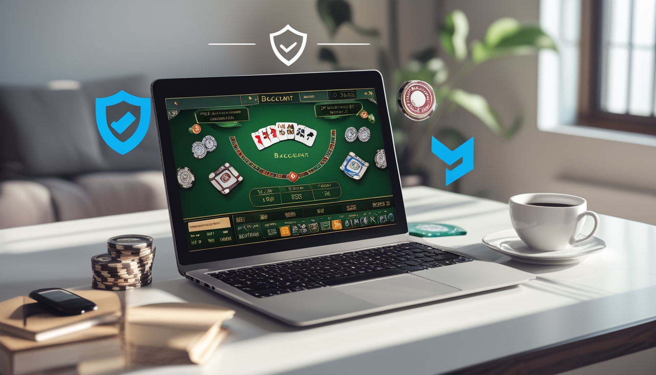Seorang pengguna sedang bermain baccarat online di komputer dengan suasana ruang kerja yang rapi dan terang.
