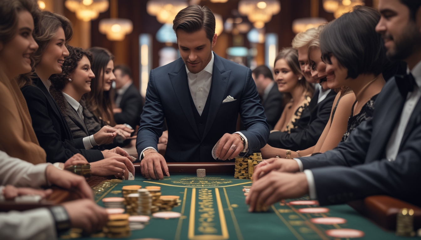 Seorang dealer dan pemain di meja baccarat dalam suasana kasino yang elegan dan mewah.