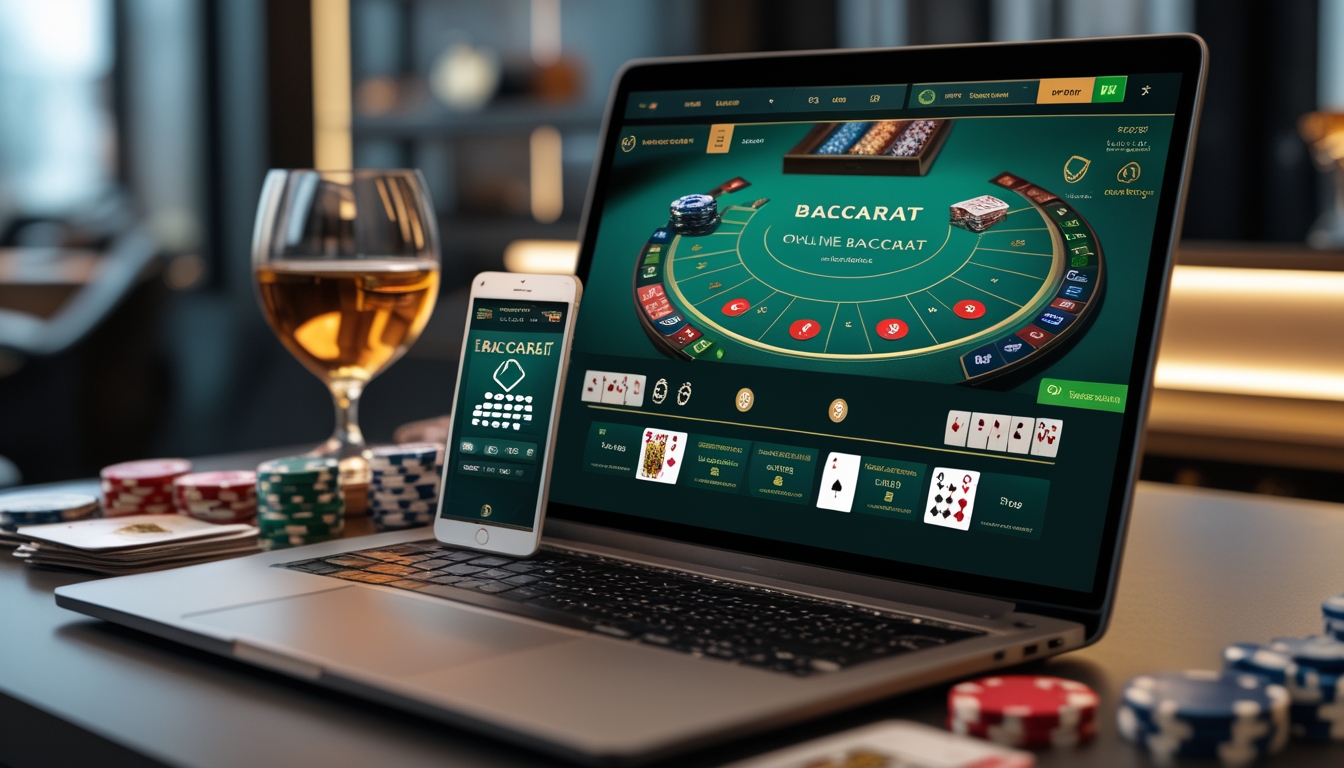 Seorang laptop yang menampilkan permainan baccarat online dengan kartu dan chip kasino di sekitarnya, di atas meja kerja modern yang rapi.