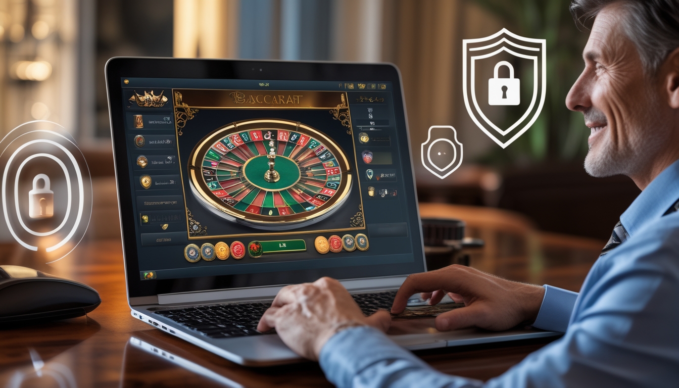 Seorang pemain dewasa duduk di depan komputer dengan tampilan permainan baccarat online, di meja kayu yang rapi, dengan suasana ruangan yang nyaman dan pencahayaan alami.