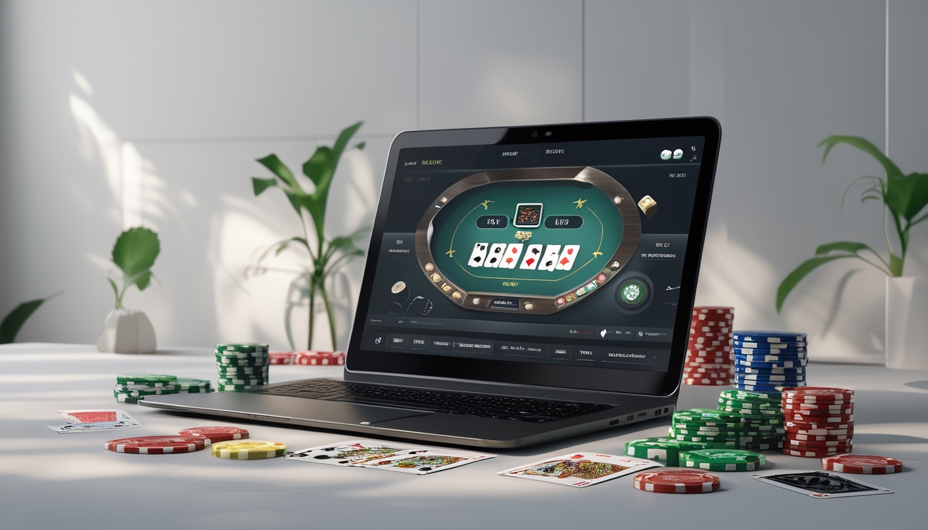 Seseorang bermain baccarat online menggunakan komputer dengan chip dan kartu di meja.