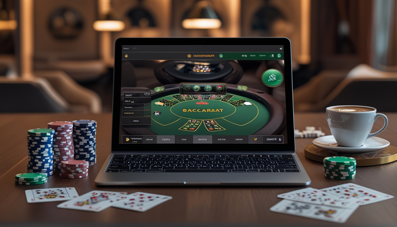 Seorang pemain menggunakan laptop untuk bermain baccarat online di meja dengan chip dan kartu remi, di ruang permainan yang nyaman.