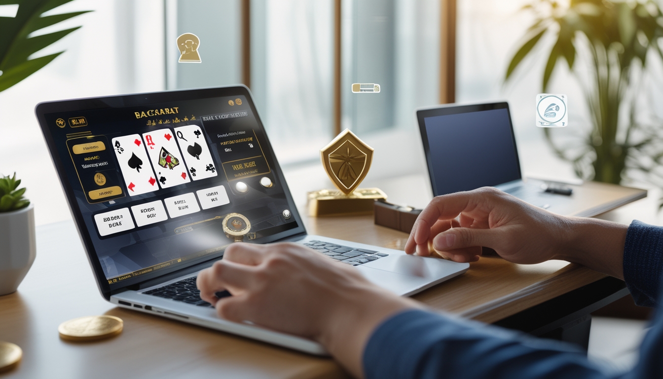 Seorang pengguna sedang bermain baccarat online di laptop di ruang kerja yang rapi dan terang dengan simbol keamanan di latar belakang.