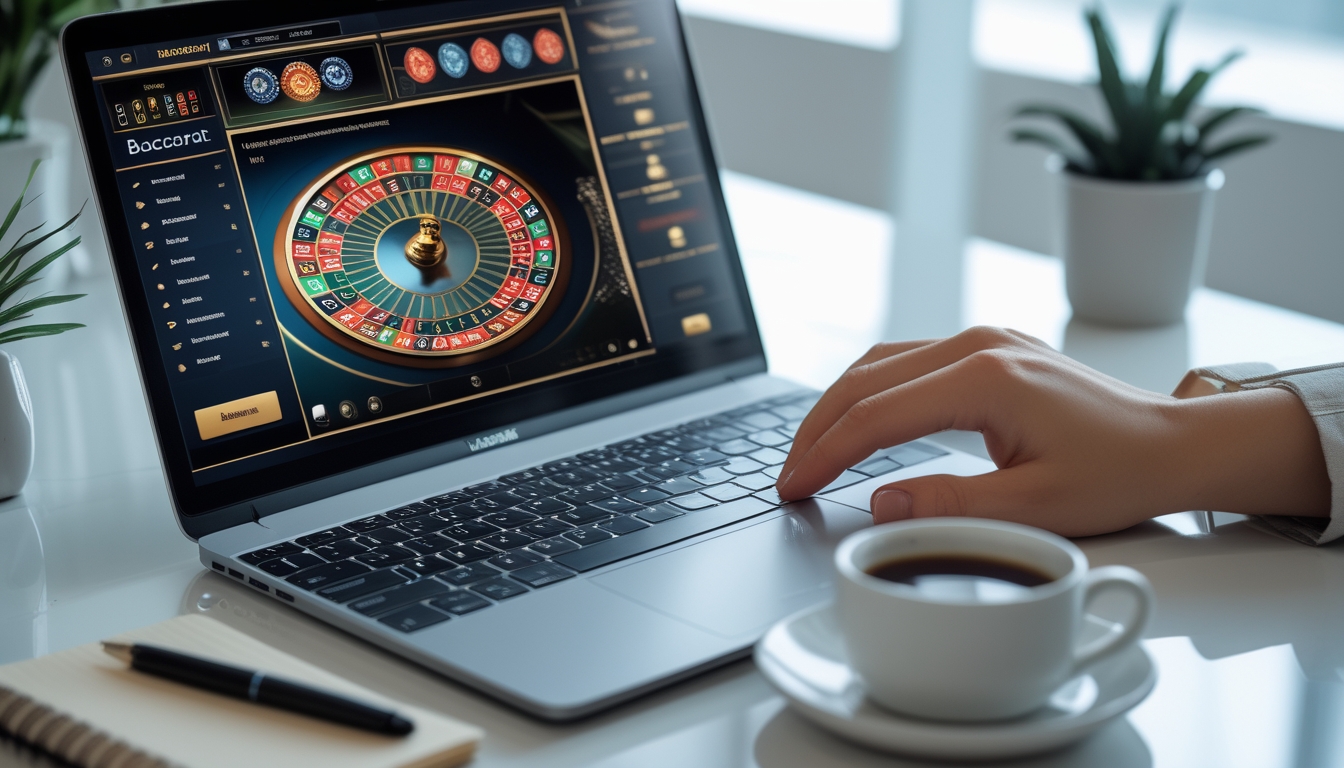 Seseorang menggunakan laptop dengan tampilan permainan baccarat online dan elemen grafik pasar di latar belakang.