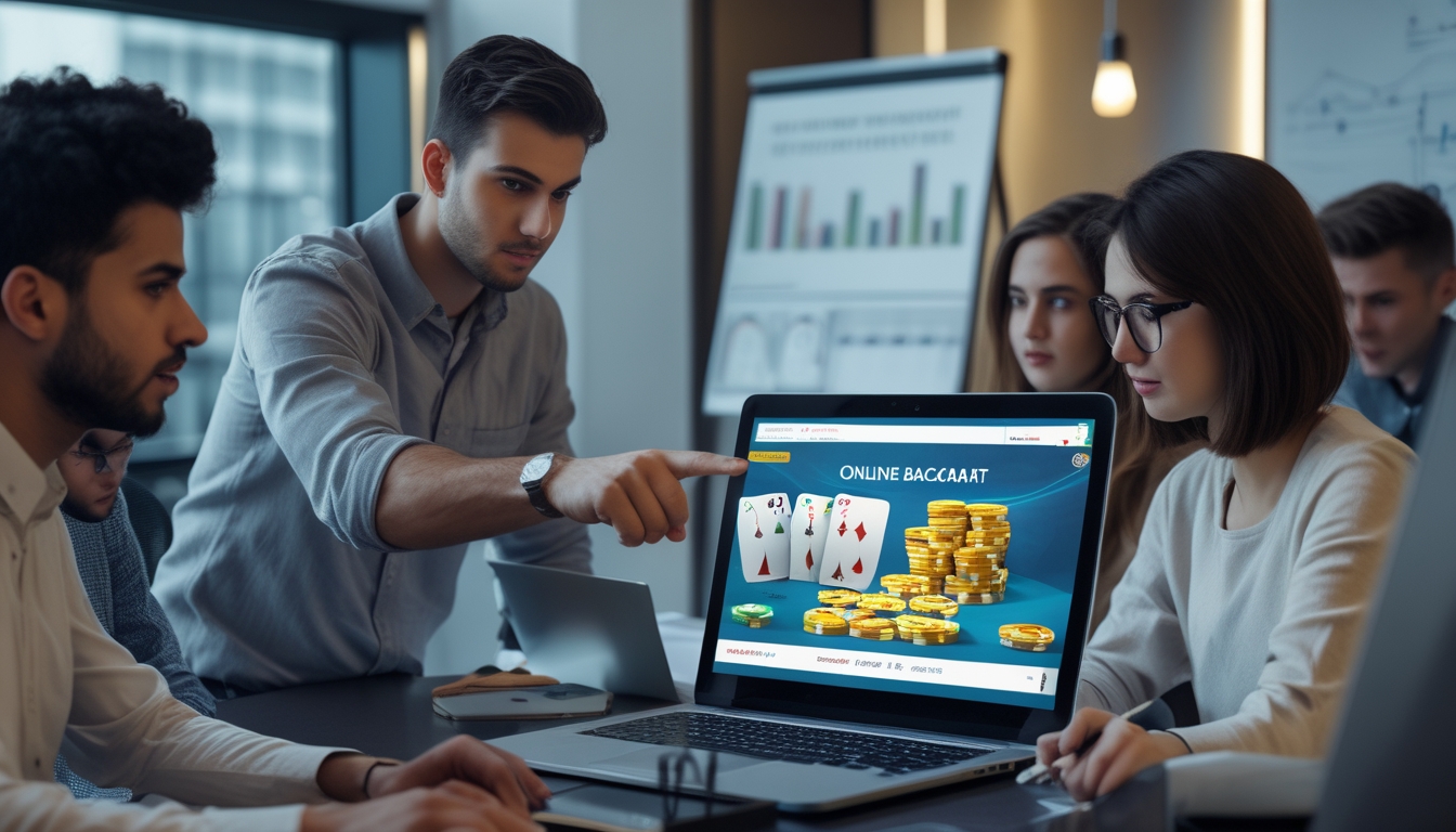 Sekelompok orang muda sedang bermain dan berdiskusi tentang permainan baccarat online di kantor modern.