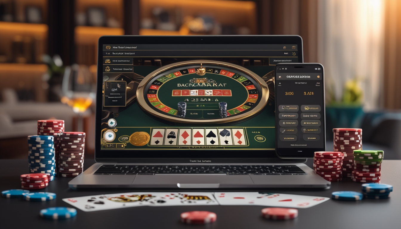 Seorang pria sedang bermain permainan baccarat online di laptop dengan tumpukan chip poker dan kartu bermain di meja.