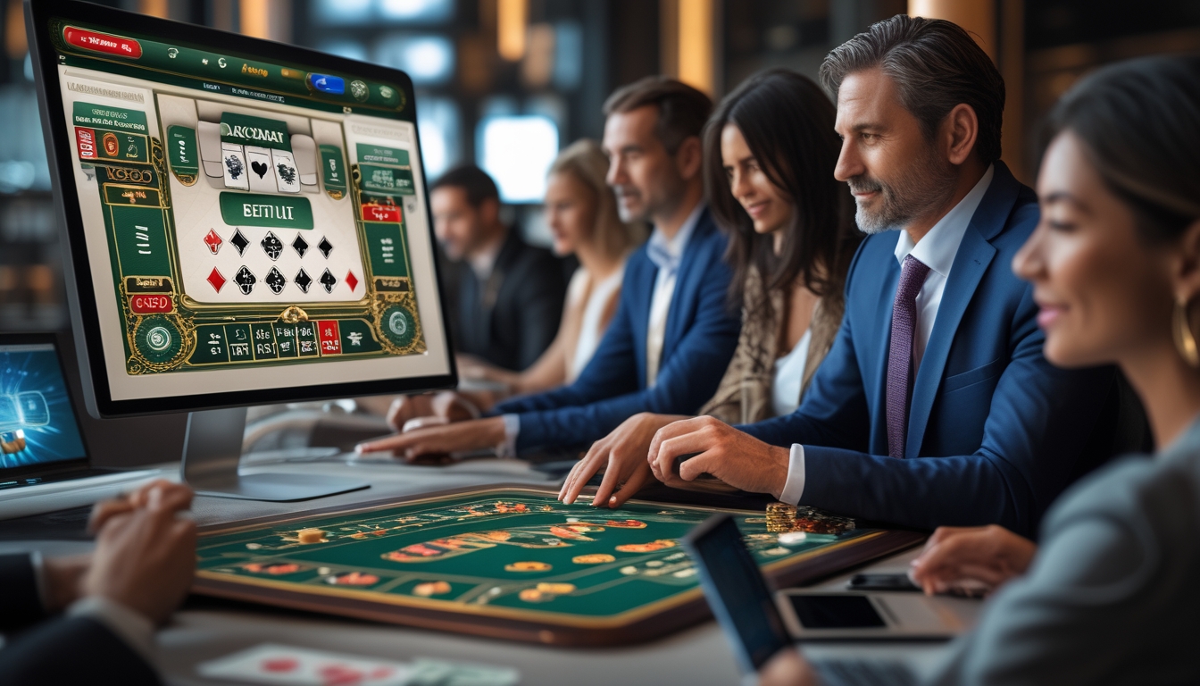 Orang-orang menggunakan perangkat digital untuk bermain baccarat online di lingkungan yang nyaman dan modern.